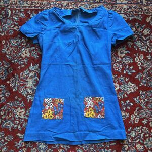 Vintage 60s 70s Pop Art Floral Girls Dress Blue Pockets Boho Kids Size Large